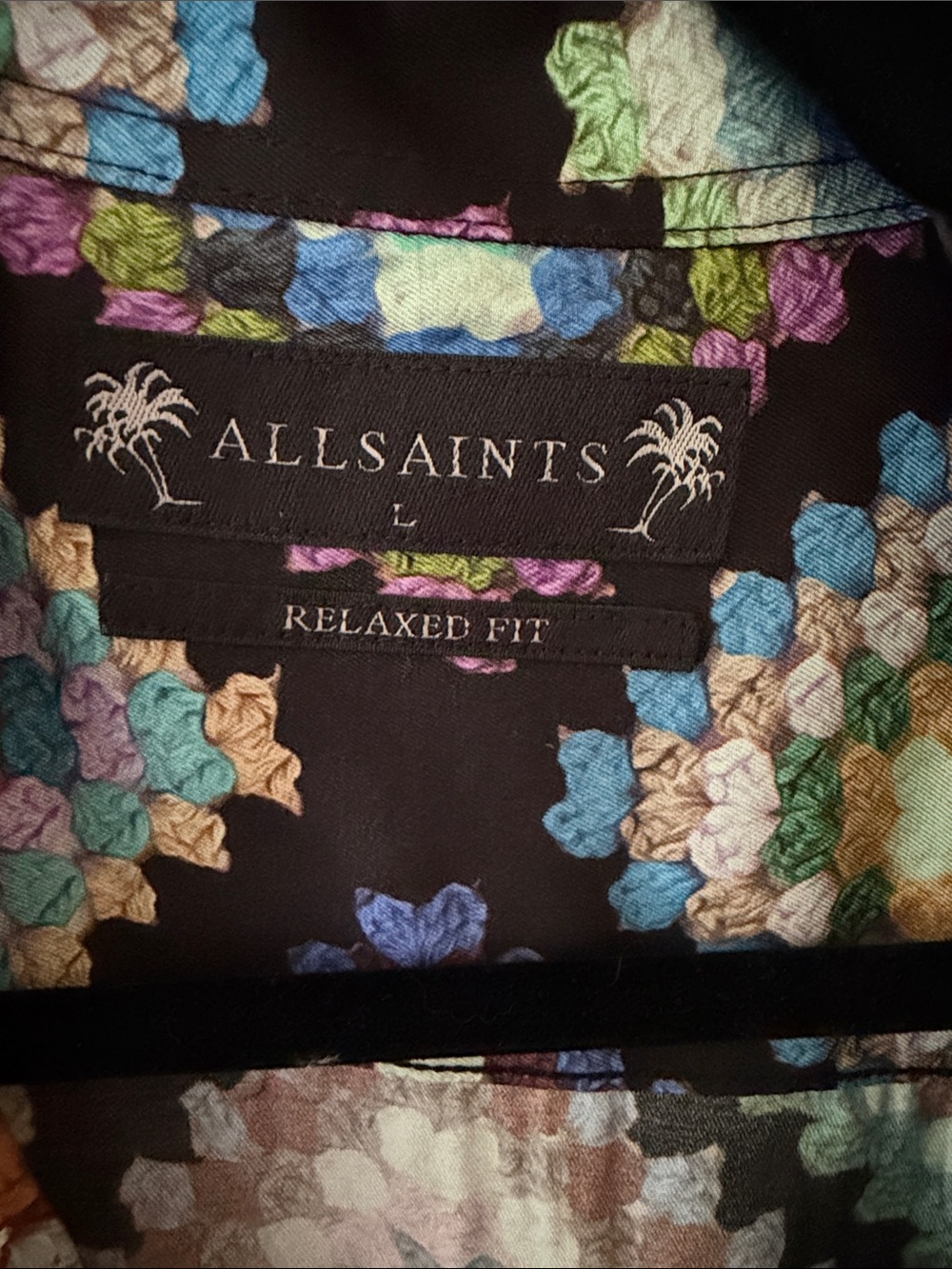 All Saints Black Short Sleeve shirt with Multicolor Geometric Quult Print - Picture 2 of 4